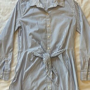 Calvin Klein Tie Front Dress Navy Blue White Striped Knee Length Button Down